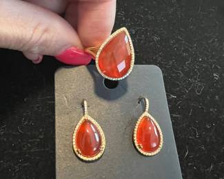 18k Yellow Gold Carnelian & Diamond Ring, 14K Yellow Gold Carnelian & Diamond Ring