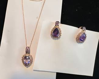 14K Rose Gold Amethyst & Diamond Earrings & Pendant