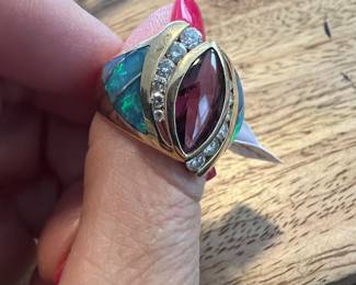 14K Kabana Diamond, Garnet & Opal Ring