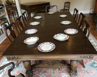 Antique Dining Room Table.  Comfortably seats 8.      98” L x 50”W x 30.5” H.  Table is 50” L w/out  4 leaves. Triple Pedestal. 