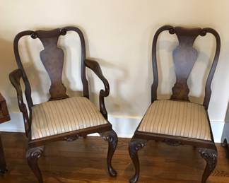 Set of 8 Vintage Dining Room Chairs. 2 armchairs & 6 side chairs.  Nicely carved Queen Anne legs. 