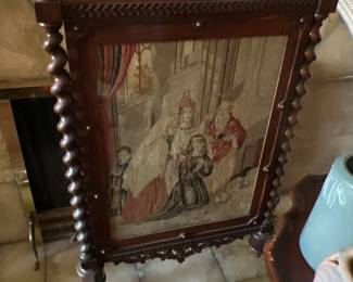 Rare Tapestry Fireplace screen with barley twist frame