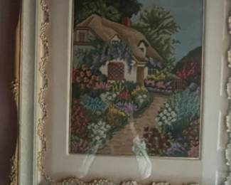Needlepoint cottage framed