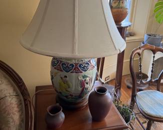 Chinese lamp and Van Briggle   pottery Antique side table