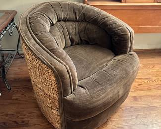 Milo Baughman Style MCM Rattan Wicker Barrel Swivel Lounge Chair