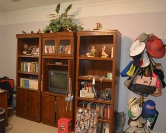 3 pc. shelving unit, books, hats and purses