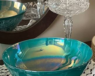 Beautiful iridescent bowl and cut crystal candy dish