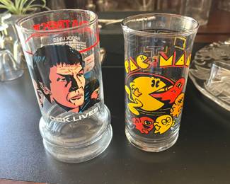 Star Trek Iii Spock Lives glass cup and 1982 PAC man Arcade Collection glass tumbler