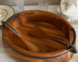 Beautiful Nambe salad bowl with steel handles and serving spoons nestle onto handles… teak!