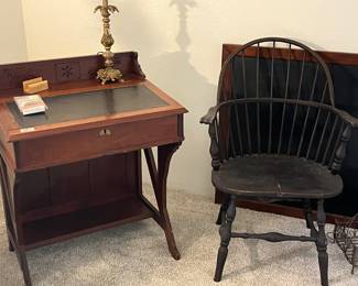 Antique writing desk and black chair
