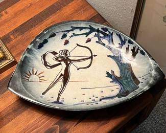 Stonelain hand-decorated ceramic tray, circa 1940's-50's, depicts Diana the huntress, decorated by Alfonso Vila Shum
