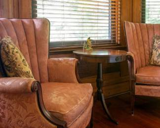 Channel back upholstered, matching (2) solid wood accent, tapered leg side chairs.  Accent drum table.