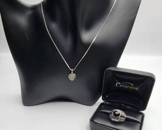 Sterling Silver Black Onyx Ring and Sterling Silver Heart Necklace