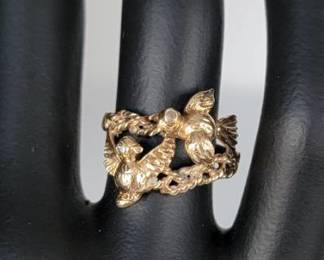 14K Yellow Gold Lovebird Ring with Diamond Accent Eyes - Size 6