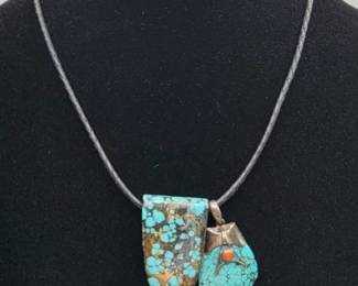 Necklace with 2 Navajo Pendants Turquoise and Coral