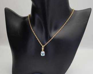 14K Yellow Gold Large Aquamarine with Diamond Accent Pendant with 14K Yellow Gold 18" Speidel Necklace