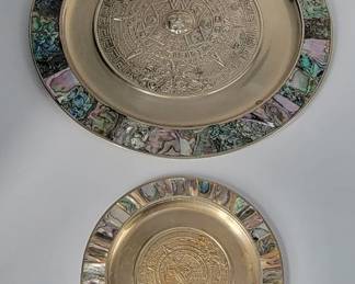Vintage Mexican Alpaca Silver Inlay Abalone Plates - 11" and 5.5"