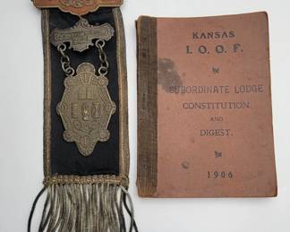Antique IOOF Past Grand Ribbon and 1906 Kansas IOOF Rules of Order Book