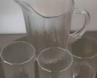 Iridescent Glass Set. 1940's textured  water set, pitcher and three glasses. Excellent condition.