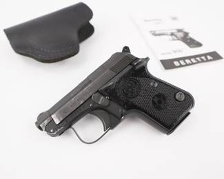 Make: Beretta
Model: 950 BS
Caliber: .25
Action: Semi
Barrel: 2.5
Bore: Shiny
Serial # BU38896V
Condition: Very good
The Beretta 950 is a simple blowback pistol with a single action trigger mechanism and tip-up barrel. This pistol comes with a holster and is in very good condition showing normal signs of use and wear.