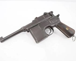 Make: Mauser
Model: C96
Caliber: 8mm
Action: Semi
Barrel: 4
Bore: Bright
Serial # 593295
Condition: Very Good
The Mauser C96 is a semi-automatic pistol that was originally produced by German arms manufacturer Mauser from 1896 to 1937. Unlicensed copies of the gun were also manufactured in Spain and China in the first half of the 20th century. The distinctive characteristics of the C96 are the integral box magazine in front of the trigger, the long barrel, the wooden shoulder stock, which gives it the stability of a short-barreled rifle and doubles as a holster or carrying case, and a grip shaped like the handle of a broom. The grip earned the gun the nickname "broomhandle" in the English-speaking world, and in China the C96 was nicknamed the "box cannon". This Mauser is in very good condition for its age. 
