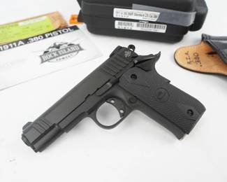 Make: Rock Island Armory
Model: M1911A
Caliber: 380 Auto
Action: Semi
Barrel: 3.75
Bore: Shiny
Serial # RIA2267861
Condition: Excellent
The Baby Rock has a 3.75barrel and weighs in at 1.62lbs loaded. Includes stable low profile angled sights designed for consistent accuracy and reliability. Front and rear CNC angle grooves are cut for cyclability in times of need. Add comfortable dovetail grip safety and polymer checkered grips and you have a lifelong compact 1911 at a great price. This Pistol comes with a leather holster and factory box. This pistol is in excellent condition showing normal signs of use and wear.
