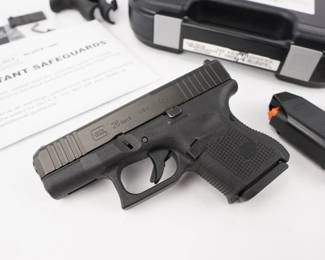 Make: Glock
Model: 26 Gen 5
Caliber: 9x19
Action: Semi
Barrel: 3.75
Bore: Bright
Serial # AKAZ2599
Condition: Excellent
Introducing the GLOCK 26 G5 9mm 10+1 FS. Crafted with a polymer frame and serrated steel slide, this 9mm Luger caliber firearm prioritizes safety with its firing pin/trigger block mechanism and includes three magazines for extended shooting sessions. The fixed sight style and black interchangeable backstrap grips provide stability and comfort during use. The pistol is in excellent condition and sold with the factory case and 3 magazines.