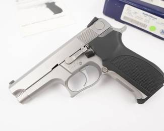Make: Smith & Wesson
Model: 5926
Caliber: 9mm PARA
Action: Semi
Barrel: 5
Bore: Shiny
Serial # TFC3946
Condition: Excellent
Smith & Wesson 5926, a stainless steel, 15 plus one shot, 9mm, a frame mounted decocker, for this double action single action, auto loading pistol. The barrel is 4”. The pistol has the original blue cardboard box. Included are two magazines. This pistol is new or like new. The rifling is sharp and shiny. 