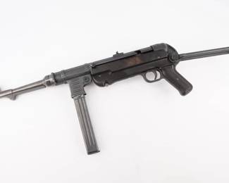 Make: Fleming Firearms
Model: MP-40
Caliber: 9mm
Action: Automatic
Barrel: 10
Bore: Shiny
Serial # 35495A
Condition: Very Good
This Flemings Firearms German MP40 submachine gun is a must have for any machine gun collector. A refined and streamlined successor to the MP38, the MP40 made extensive use of metal stampings and synthetic materials to make a weapon robust enough to withstand the stress of war while being simple enough to manufacture to keep up with the demand. Nearly every armed branch and paramilitary organization in Germany made use of the MP40, and many also found their way into the hands of opposition forces such as the French Resistance and Poland's Home Army, making it one of the signature weapons of the war. This MP40 is in excellent condition showing normal signs of use and wear. THIS ITEM IS AN NFA ITEM AND WILL REQUIRE PROPER DOCUMENTS. If you are unsure of the process or have any questions, please contact 727-210-3504 PRIOR TO PLACING A BID.