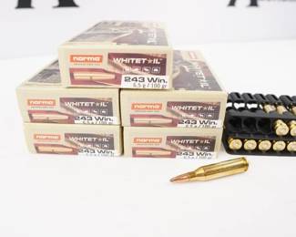Make: Norma
Model: 98 RDS White tail
Caliber: 243 WIN
98 Rounds of 243 WIN, 100 GR, 5 boxes of 20. 