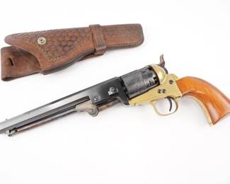 Make: ASM Traditions
Model: 1851
Caliber: 44 BP
Action: SA
Barrel: 7.5
Bore: Shiny
Serial # D60129
Condition: Very Good
Distinguished by its octagon barrel and lever style loader, the 1851 helped to begin both the expansion of the West and the Civil War. The 1851 Navy is commonly considered to be one of gunfighter “Wild Bill” Hickok’s favorite handguns. The British government licensed the manufacturing rights and produced what is commonly known as the London Model. This Pistol comes with a leather holster and is in very good condition showing normal signs of use and wear.