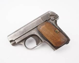 Make: Colt
Model: 1908
Caliber: 25
Action: Semi
Barrel: 2
Bore: Bright
Serial # 102871
Condition: Very Good
The Model 1908 Vest Pocket is a compact, hammerless, striker-fired, semi-automatic single-action pistol. Manufactured by the Colt's Manufacturing Company from 1908 to 1948, This Pistol dates to 1914. This pistol is in very good condition for its age. Some damage to grips and in need of the right screw. 