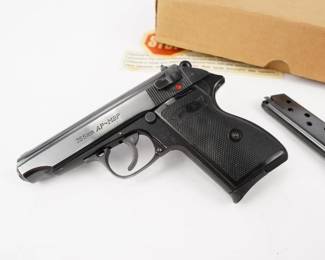 Make: FEG
Model: AP-MBP
Caliber: 7.65 MM
Action: Semi
Barrel: 4
Bore: Bright
Serial # BU0308
Condition: Excellent
The Model AP-MBP was a 7.65mm (.32 ACP) commercial version of the 9mm Hungarian PA-63. This pistol is in excellent condition, showing minimal signs of use and wear. The firearm is sold with two magazines and the factory box. 