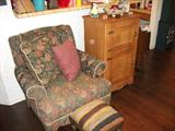 Overstuffed Chair, Foot Stool, & Cabinet.