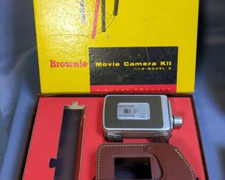Kodak Brownie 8 MM Movie Camera II Kit With F/27 Lens, Leather Carrying Case, Lamp Movie Lights, Kodak Brownie Movie Kit F/1.9 Model With Field Cases, Brownie Flasholder, In Original Boxes, And Revere 40 Movie Film Camera