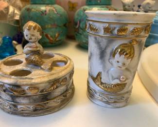 Vintage Napcoware toothbrush holder and glass