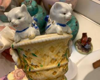 Vintage porcelain Majolica kittens in a vase