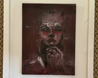 Aubergine Toned Untitled Portrait of of a Woman. Original Acrylic on Paper. Signed By Artist. Measures 11.5" x 16"; 20" x 24" Including Frame. Photo 1 of 2.