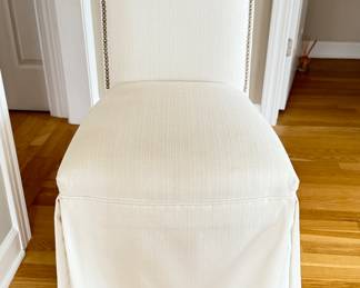 Pair of Custom Parsons-Style Skirted Dining Chairs with Nailhead Trim on Casters. Each Measures 21" W x 26" D x 40" H with 19" Seat Height. Photo 2 of 7.