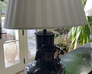 Pair of Ebonized Brass Asian Motif Table Lamps. Each Measures 28" H. Photo 1 of 2.