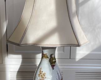 Pair of Asian Motif Porcelain Table Lamps on Gilt Base. Each Measures 36" H. Photo 1 of 3.