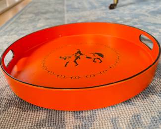 Orange Lacquered Equestrian Tray In The Style of Hermes. Measures 15" D. Photo 2 of 2.
