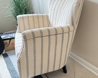 Cream & White Stripe Club Chair with Nailhead Trim. Will Need Cleaning. Or, Ask Us For Reupholstering Resources. Measures 33" W x 34" D. Photo 2 of 2.