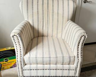 Cream & White Stripe Club Chair with Nailhead Trim. Will Need Cleaning. Or, Ask Us For Reupholstering Resources. Measures 33" W x 34" D. Photo 1 of 2.