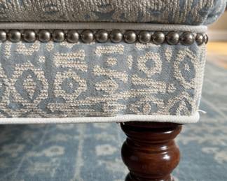 Custom Blue & White Upholstered Down-Filled Ottoman with Barley Twist Legs on Casters and Nailhead Trim. Measures 29" x 40" x 16" H. Photo 4 of 4.