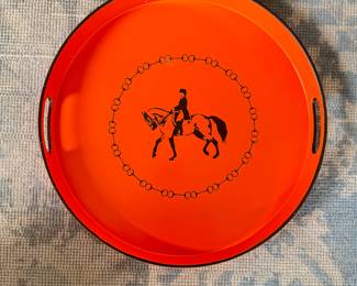 Orange Lacquered Equestrian Tray In The Style of Hermes. Measures 15" D. Photo 1 of 2.