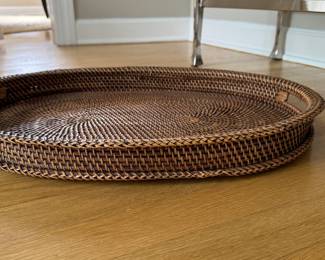 Large Woven Rattan Serving Tray with Handles. Measures 22" x 17".