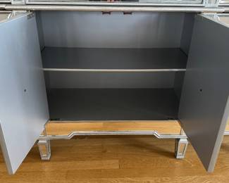 Mirrored Glass Sideboard With Silver Frame and Grey Interior. Includes 3 Drawers and 2 Cabinets With Shelves. Measures 60" W x 14" D x 36" H. Photo 4 of 4.