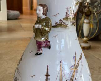 Pair of Asian Motif Porcelain Table Lamps on Gilt Base. Each Measures 36" H. Photo 3 of 3.