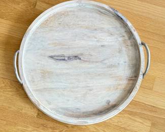 Rustic Round Wood Charcuterie Board with Metal Handles. Measures 19.5" D. Photo 2 of 3.